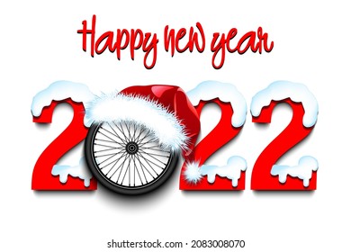 Happy new year. Snowy numbers 2022 with bike wheel in a Christmas hat. Original template design for greeting card, banner, poster. Vector illustration on isolated background