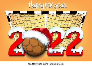 Feliz año nuevo. Números nevados 2022 con balonmano en un sombrero de Navidad. Diseño original de plantilla para tarjeta de saludo, banner, afiche. Ilustración del vector en el fondo aislado