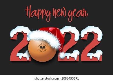 Happy new year. Snowy numbers 2022 with ping-pong ball in a Christmas hat. Original template design for greeting card, banner, poster. Vector illustration on isolated background