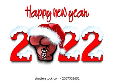Happy new year. Snowy numbers 2022 with boxing glove in a Christmas hat. Original template design for greeting card, banner, poster. Vector illustration on isolated background