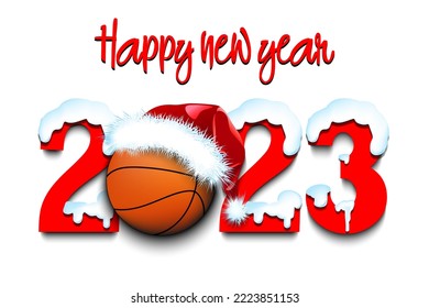 Happy new year. Snowy numbers 2023 with basketball ball in a Christmas hat. Original template design for greeting card, banner, poster. Vector illustration on isolated background