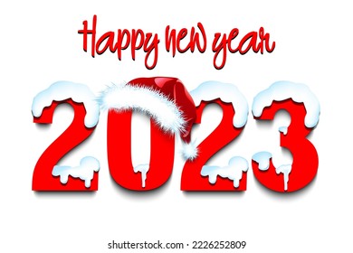 Happy new year. Snowy numbers 2023 with soccer ball in a Christmas hat. Original template design for greeting card, banner, poster. Vector illustration on isolated background