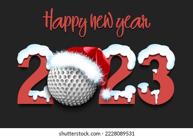 Happy new year. Snowy numbers 2023 with golf ball in a Christmas hat. Original template design for greeting card, banner, poster. Vector illustration on isolated background