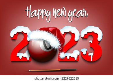 Happy new year. Snowy numbers 2023 with billiard ball in a Christmas hat. Original template design for greeting card, banner, poster. Vector illustration on isolated background