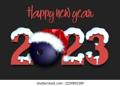 Happy new year. Snowy numbers 2023 with bowling ball in a Christmas hat. Original template design for greeting card, banner, poster. Vector illustration on isolated background