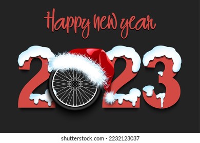 Happy new year. Snowy numbers 2023 with bike wheel in a Christmas hat. Original template design for greeting card, banner, poster. Vector illustration on isolated background