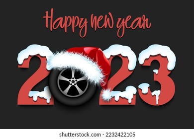 Happy new year. Snowy numbers 2023 with car wheel in a Christmas hat. Original template design for greeting card, banner, poster. Vector illustration on isolated background