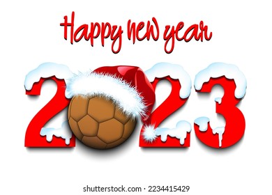 Happy new year. Snowy numbers 2023 with handball ball in a Christmas hat. Original template design for greeting card, banner, poster. Vector illustration on isolated background