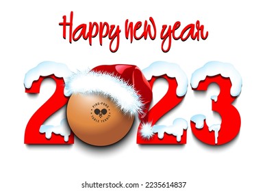 Happy new year. Snowy numbers 2023 with ping-pong ball in a Christmas hat. Original template design for greeting card, banner, poster. Vector illustration on isolated background
