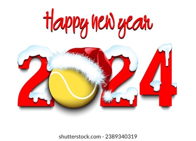 Happy new year. Snowy numbers 2024 with tennis ball in a Christmas hat. Original template design for greeting card, banner, poster. Vector illustration on isolated background