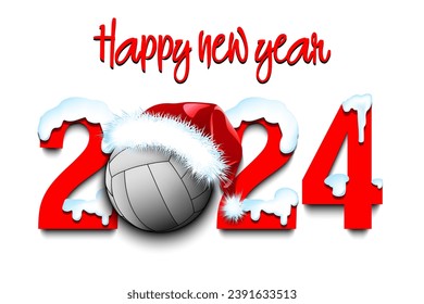 Happy new year. Snowy numbers 2024 with volleyball ball in a Christmas hat. Original template design for greeting card, banner, poster. Vector illustration on isolated background
