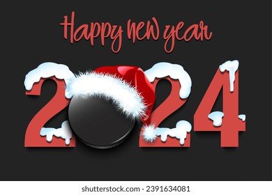 Happy new year. Snowy numbers 2024 with hockey puck in a Christmas hat. Original template design for greeting card, banner, poster. Vector illustration on isolated background