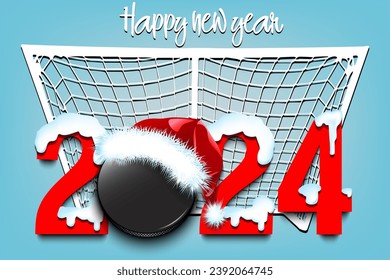 Happy new year. Snowy numbers 2024 with hockey puck in a Christmas hat. Original template design for greeting card, banner, poster. Vector illustration on isolated background