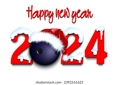 Happy new year. Snowy numbers 2024 with bowling ball in a Christmas hat. Original template design for greeting card, banner, poster. Vector illustration on isolated background