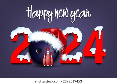 Happy new year. Snowy numbers 2024 with bowling ball in a Christmas hat. Original template design for greeting card, banner, poster. Vector illustration on isolated background