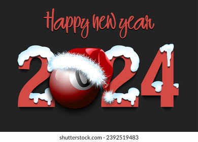 Happy new year. Snowy numbers 2024 with billiard ball in a Christmas hat. Original template design for greeting card, banner, poster. Vector illustration on isolated background