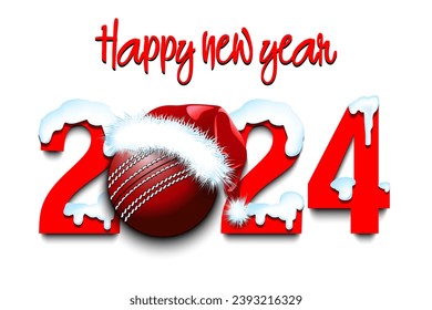 Happy new year. Snowy numbers 2024 with cricket ball in a Christmas hat. Original template design for greeting card, banner, poster. Vector illustration on isolated background