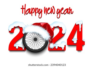 Happy new year. Snowy numbers 2024 with bike wheel in a Christmas hat. Original template design for greeting card, banner, poster. Vector illustration on isolated background