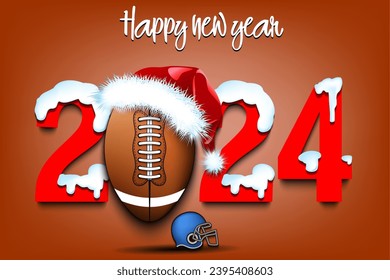 Happy new year. Snowy numbers 2024 with football ball in a Christmas hat. Original template design for greeting card, banner, poster. Vector illustration on isolated background
