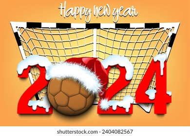 Happy new year. Snowy numbers 2024 with handball ball in a Christmas hat. Original template design for greeting card, banner, poster. Vector illustration on isolated background