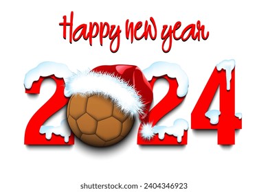 Happy new year. Snowy numbers 2024 with handball ball in a Christmas hat. Original template design for greeting card, banner, poster. Vector illustration on isolated background