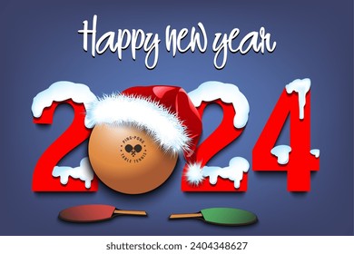 Happy new year. Snowy numbers 2024 with ping-pong ball in a Christmas hat. Original template design for greeting card, banner, poster. Vector illustration on isolated background