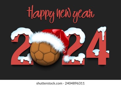 Happy new year. Snowy numbers 2024 with handball ball in a Christmas hat. Original template design for greeting card, banner, poster. Vector illustration on isolated background