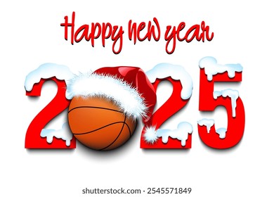Happy new year. Snowy numbers 2025 with basketball ball in a Christmas hat. Original template design for greeting card, banner, poster. Vector illustration on isolated background