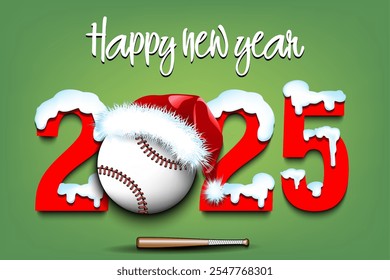 Happy new year. Snowy numbers 2025 with baseball ball in a Christmas hat. Original template design for greeting card, banner, poster. Vector illustration on isolated background