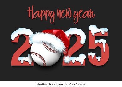 Happy new year. Snowy numbers 2025 with baseball ball in a Christmas hat. Original template design for greeting card, banner, poster. Vector illustration on isolated background