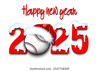 Happy new year. Snowy numbers 2025 with baseball ball in a Christmas hat. Original template design for greeting card, banner, poster. Vector illustration on isolated background