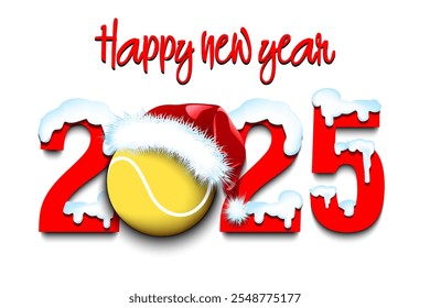 Happy new year. Snowy numbers 2025 with tennis ball in a Christmas hat. Original template design for greeting card, banner, poster. Vector illustration on isolated background