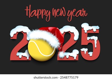 Happy new year. Snowy numbers 2025 with tennis ball in a Christmas hat. Original template design for greeting card, banner, poster. Vector illustration on isolated background