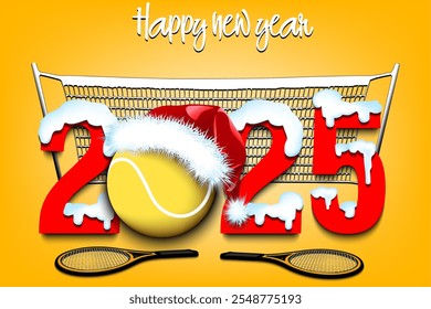 Happy new year. Snowy numbers 2025 with tennis ball in a Christmas hat. Original template design for greeting card, banner, poster. Vector illustration on isolated background