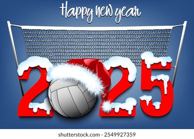 Happy new year. Snowy numbers 2025 with volleyball ball in a Christmas hat. Original template design for greeting card, banner, poster. Vector illustration on isolated background