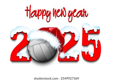 Happy new year. Snowy numbers 2025 with volleyball ball in a Christmas hat. Original template design for greeting card, banner, poster. Vector illustration on isolated background