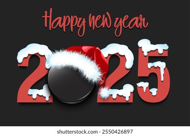 Happy new year. Snowy numbers 2025 with hockey puck in a Christmas hat. Original template design for greeting card, banner, poster. Vector illustration on isolated background