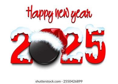 Happy new year. Snowy numbers 2025 with hockey puck in a Christmas hat. Original template design for greeting card, banner, poster. Vector illustration on isolated background