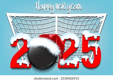 Happy new year. Snowy numbers 2025 with hockey puck in a Christmas hat. Original template design for greeting card, banner, poster. Vector illustration on isolated background