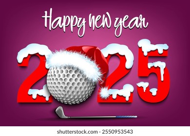 Happy new year. Snowy numbers 2025 with golf ball in a Christmas hat. Original template design for greeting card, banner, poster. Vector illustration on isolated background