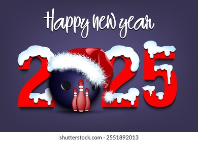 Happy new year. Snowy numbers 2025 with bowling ball in a Christmas hat. Original template design for greeting card, banner, poster. Vector illustration on isolated background