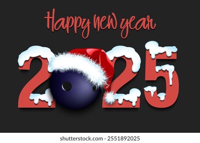 Happy new year. Snowy numbers 2025 with bowling ball in a Christmas hat. Original template design for greeting card, banner, poster. Vector illustration on isolated background