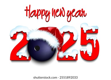 Happy new year. Snowy numbers 2025 with bowling ball in a Christmas hat. Original template design for greeting card, banner, poster. Vector illustration on isolated background