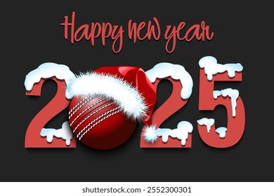 Feliz ano novo. Números nevados 2025 com bola de cricket em um chapéu de Natal. Design de modelo original para cartão de saudação, banner, cartaz. Ilustração vetorial em plano de fundo isolado