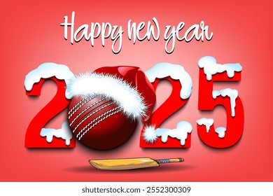 Happy new year. Snowy numbers 2025 with cricket ball in a Christmas hat. Original template design for greeting card, banner, poster. Vector illustration on isolated background