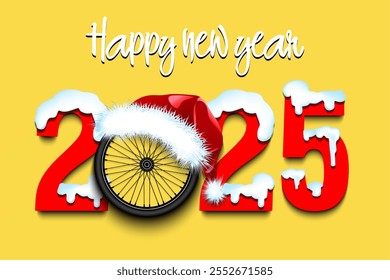 Happy new year. Snowy numbers 2025 with bike wheel in a Christmas hat. Original template design for greeting card, banner, poster. Vector illustration on isolated background