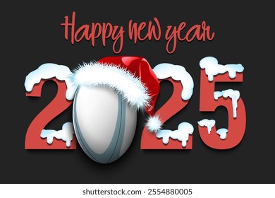 Happy new year. Snowy numbers 2025 with rugby ball in a Christmas hat. Original template design for greeting card, banner, poster. Vector illustration on isolated background