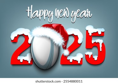 Happy new year. Snowy numbers 2025 with rugby ball in a Christmas hat. Original template design for greeting card, banner, poster. Vector illustration on isolated background