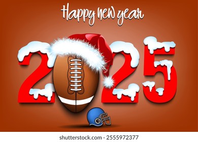 Happy new year. Snowy numbers 2025 with football ball in a Christmas hat. Original template design for greeting card, banner, poster. Vector illustration on isolated background