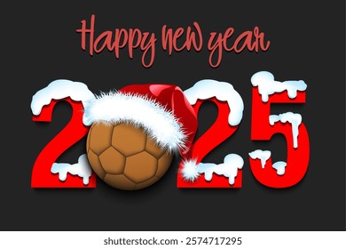 Happy new year. Snowy numbers 2025 with handball ball in a Christmas hat. Original template design for greeting card, banner, poster. Vector illustration on isolated background